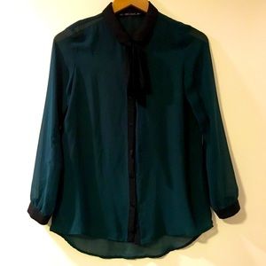 Zara Jade Green Sheer Bow Blouse Top
